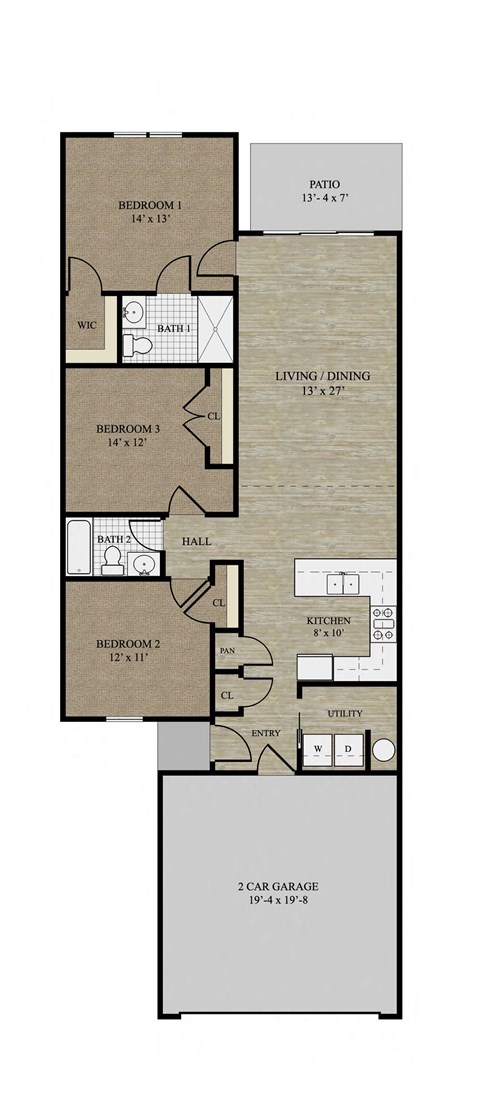 Floor plan for 3 beds, 2 baths, 1305 sqft